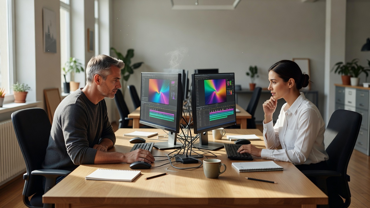 Editors comparing two monitors side by side on a long desk in a daylit workspace