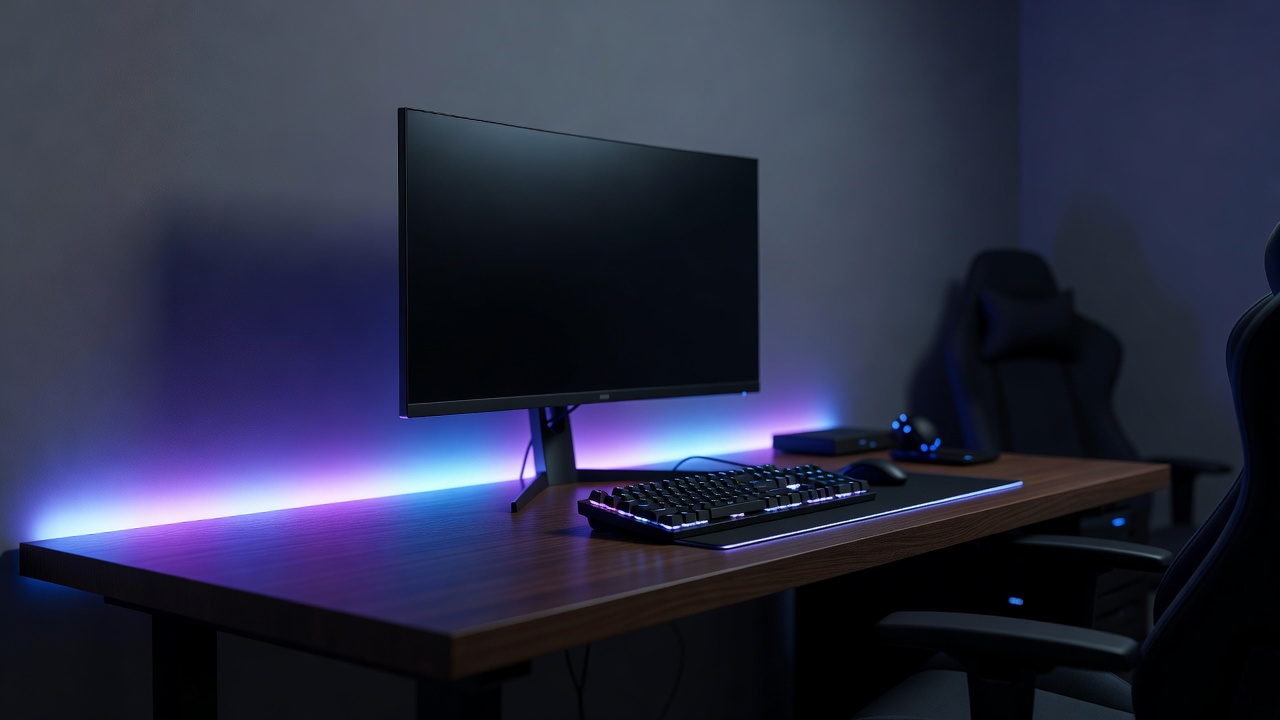 Gaming corner with a monitor, bias lighting on the wall behind it and a keyboard on a wide desk