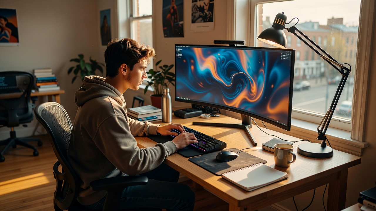 Student at a small desk using a single ultrawide monitor beside a window in a shared flat