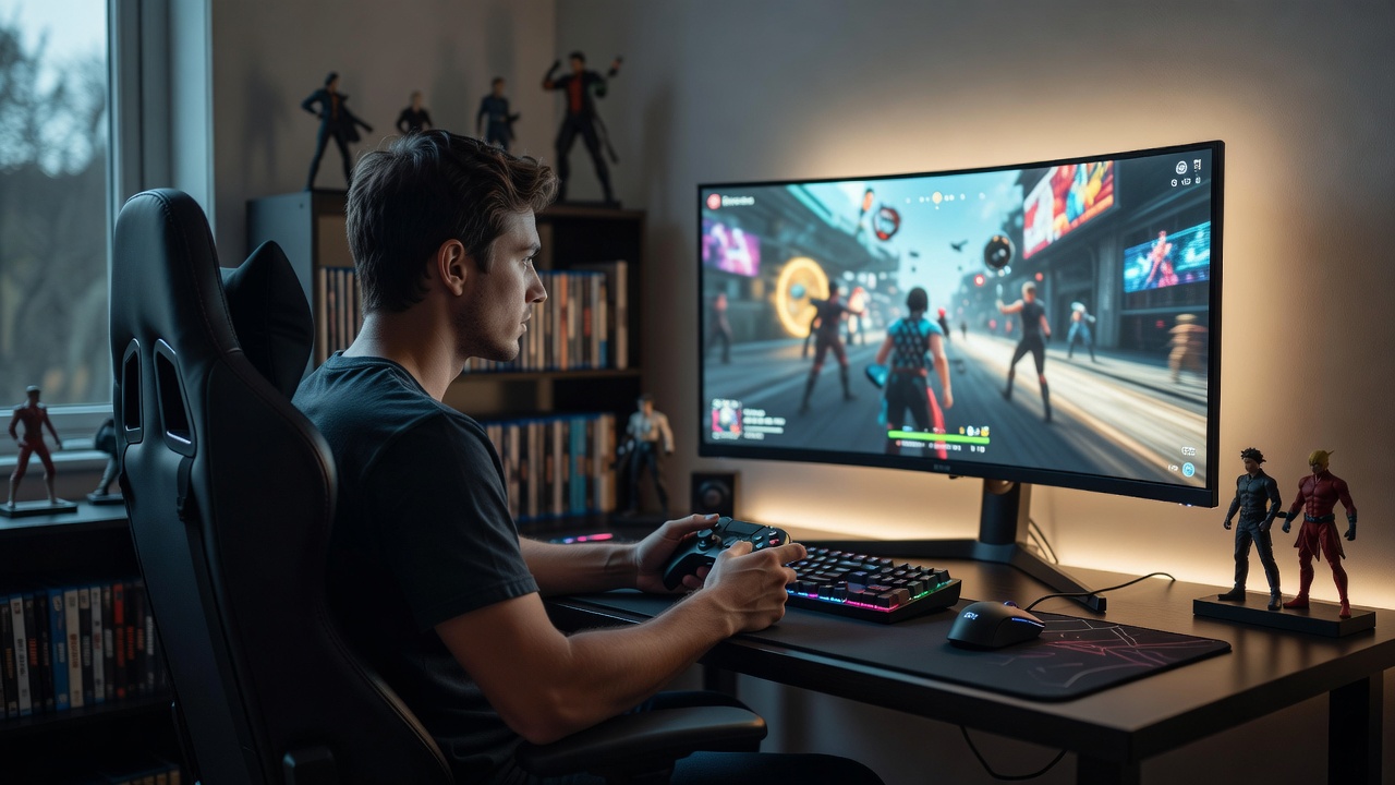 Gamer seated at a curved monitor in a home gaming corner with soft lighting behind the screen