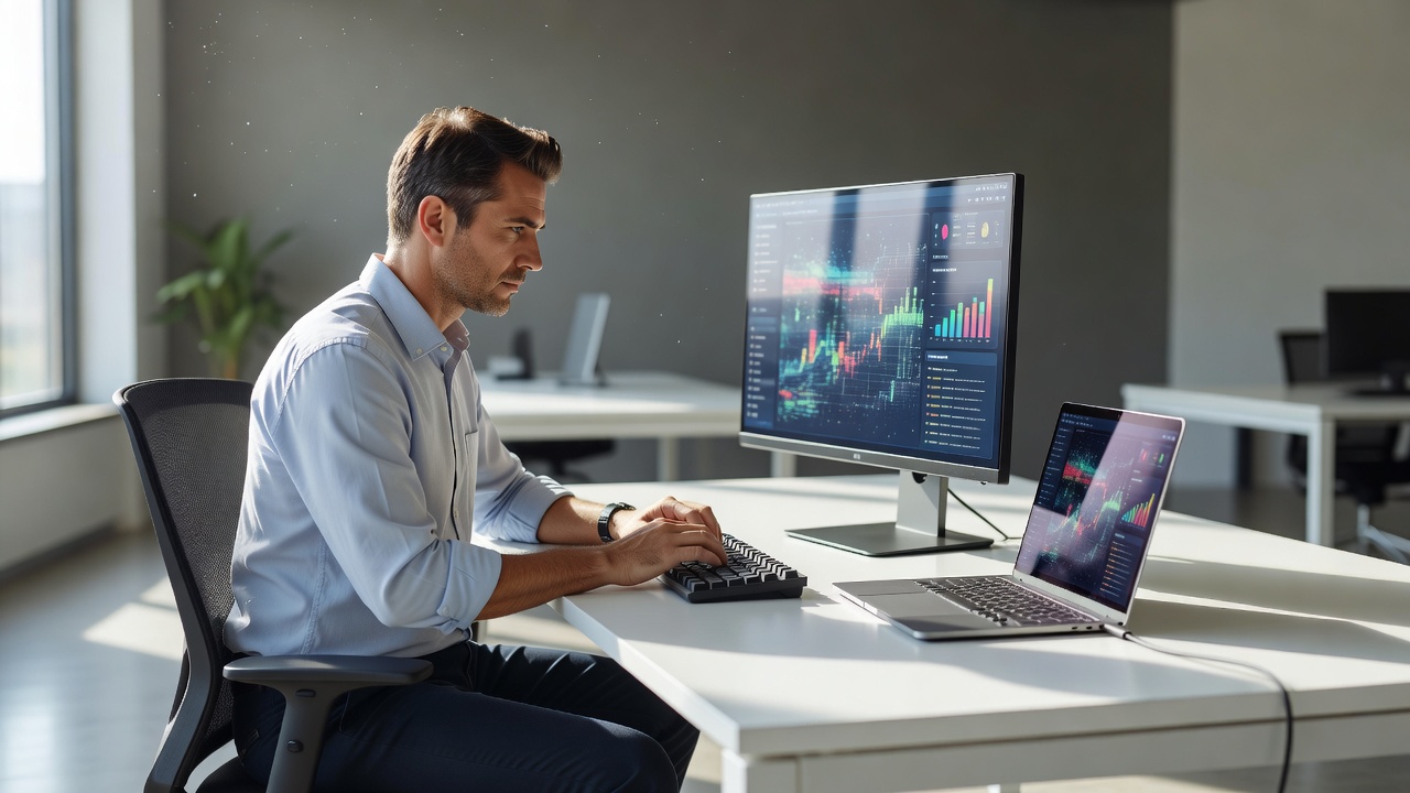 Office worker typing at a 27-inch monitor on a bright desk with a laptop docked beside it