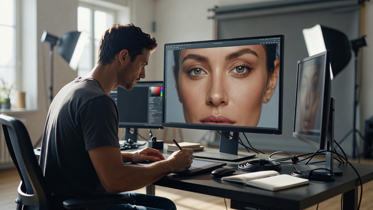 Photographer retouching a portrait on a colour-accurate monitor in a daylit studio