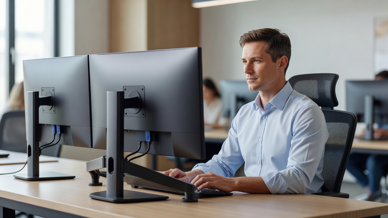 Monitor on an adjustable stand with its top edge level with the eyes of the person working at it