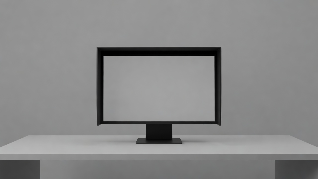 Studio desk with a monitor and shading hood against a neutral grey wall for colour-critical editing
