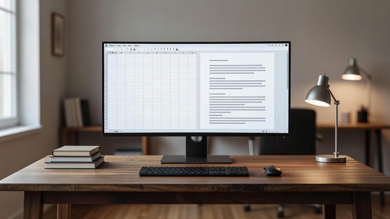 34-inch ultrawide monitor on a wide wooden desk in a home office showing a spreadsheet and a document side by side